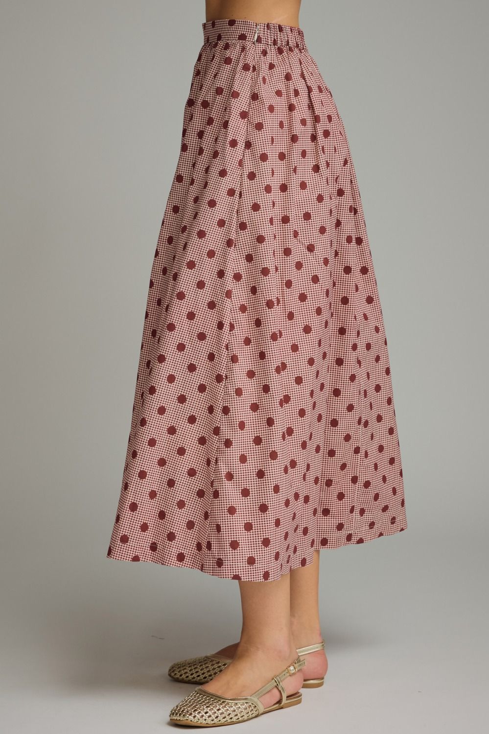 Gingham Polka Dot Midi Skirt - Burgundy