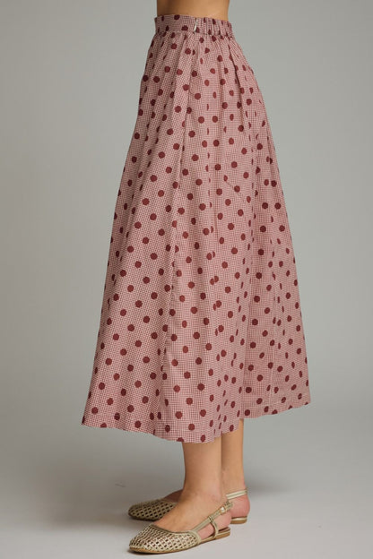 Gingham Polka Dot Midi Skirt - Burgundy
