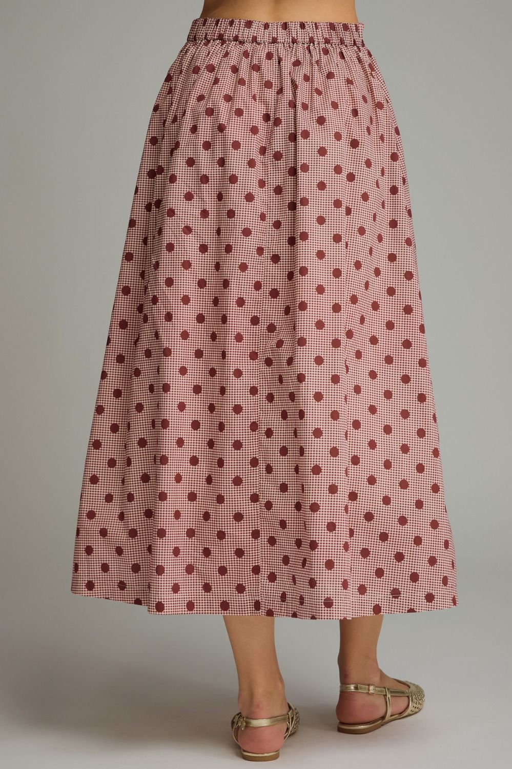 Gingham Polka Dot Midi Skirt - Burgundy