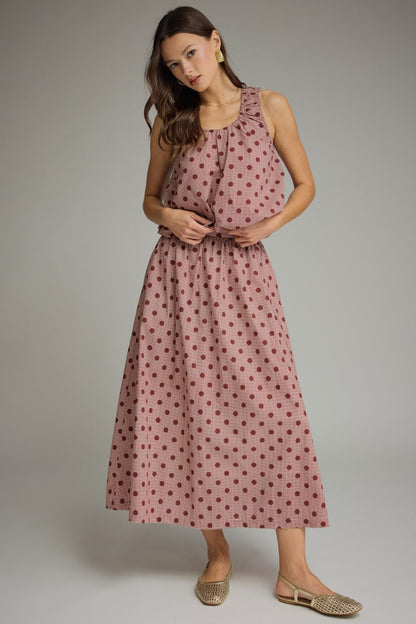 Gingham Polka Dot Midi Skirt - Burgundy