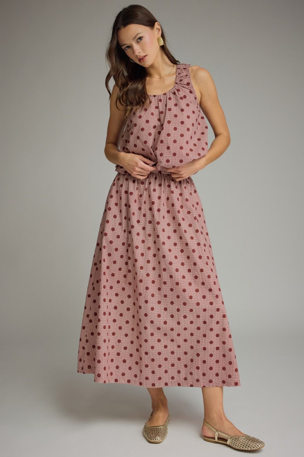 Gingham Polka Dot Sleeveless Top - Burgundy