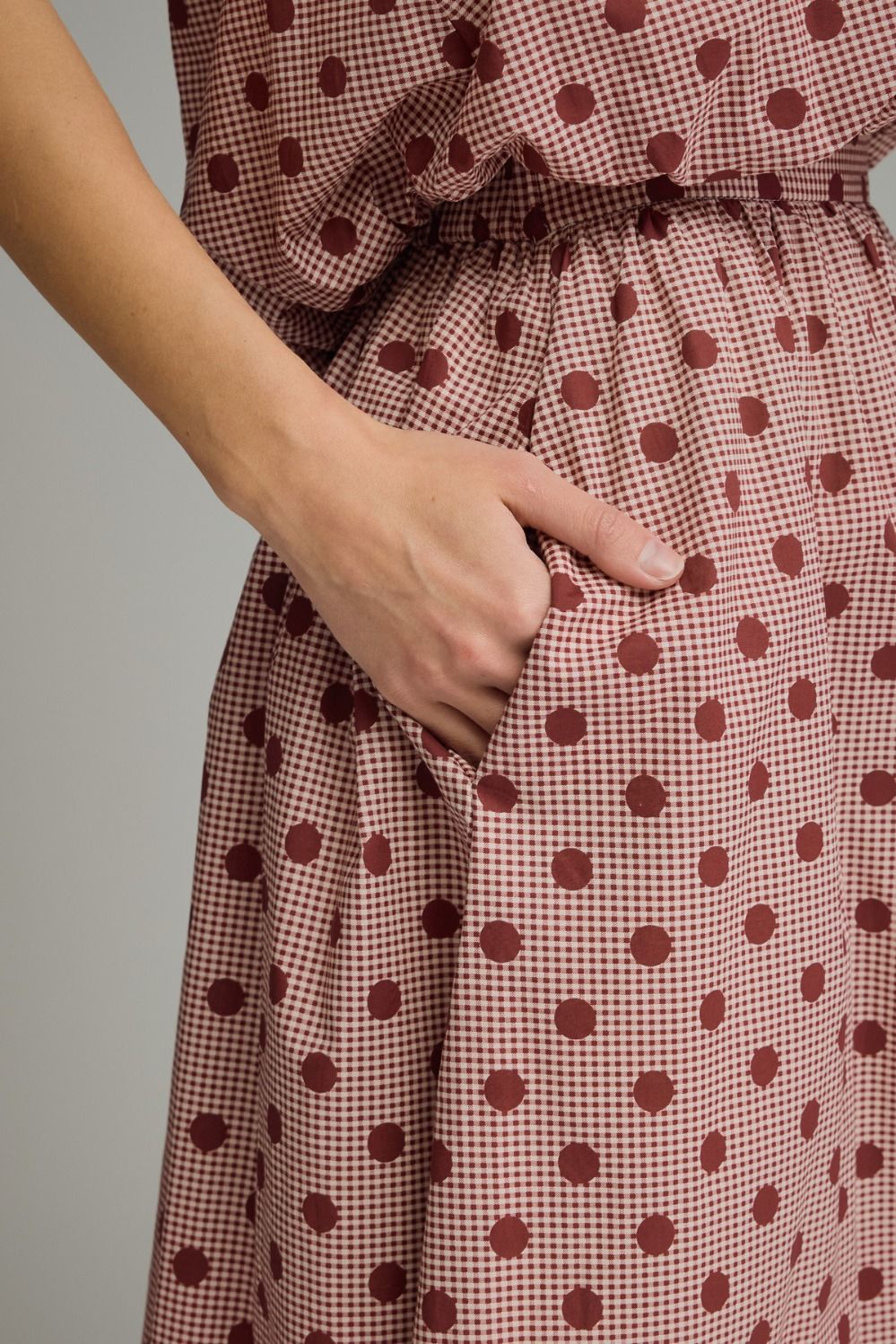 Gingham Polka Dot Midi Skirt - Burgundy