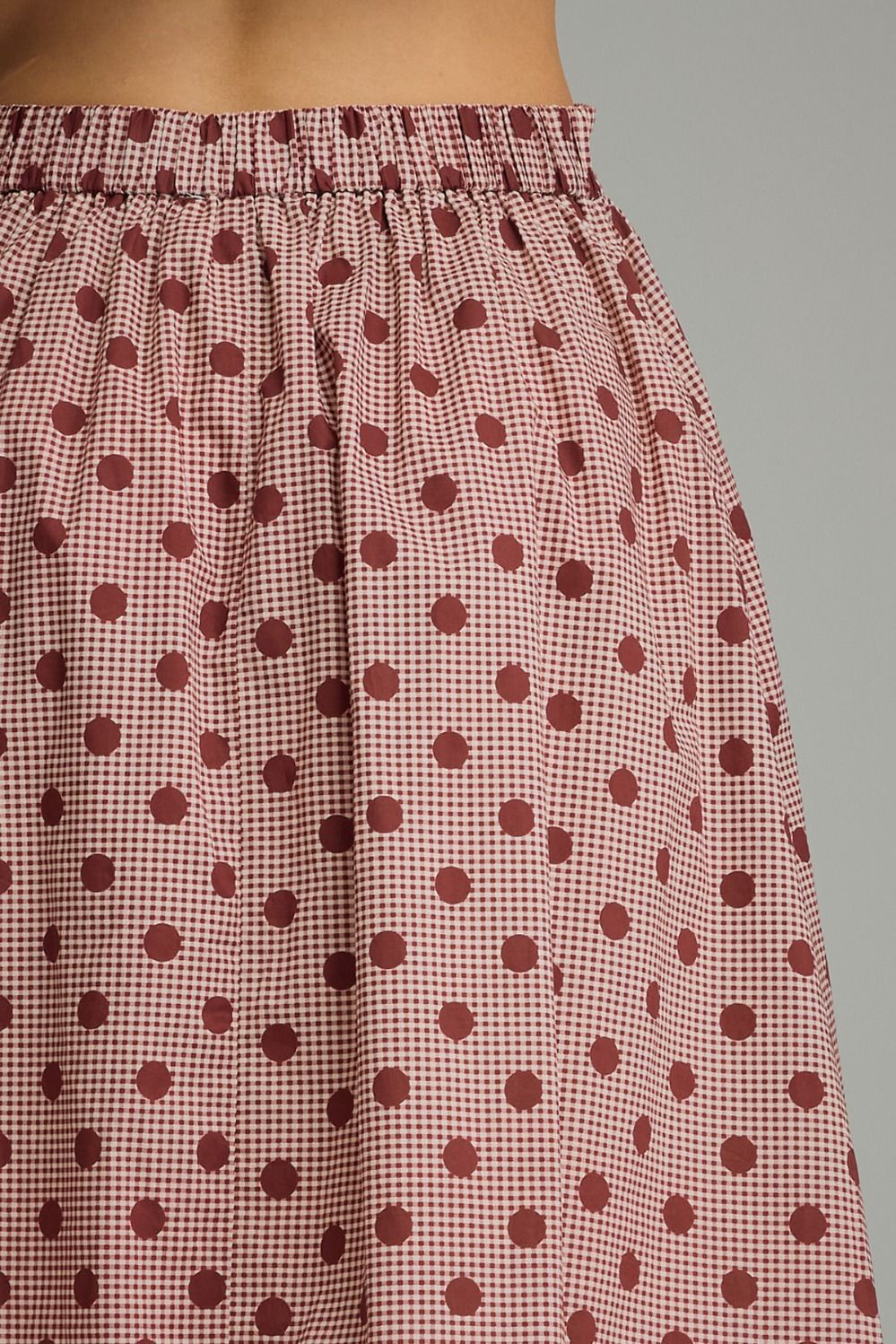 Gingham Polka Dot Midi Skirt - Burgundy