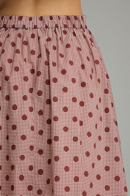 Gingham Polka Dot Midi Skirt - Burgundy
