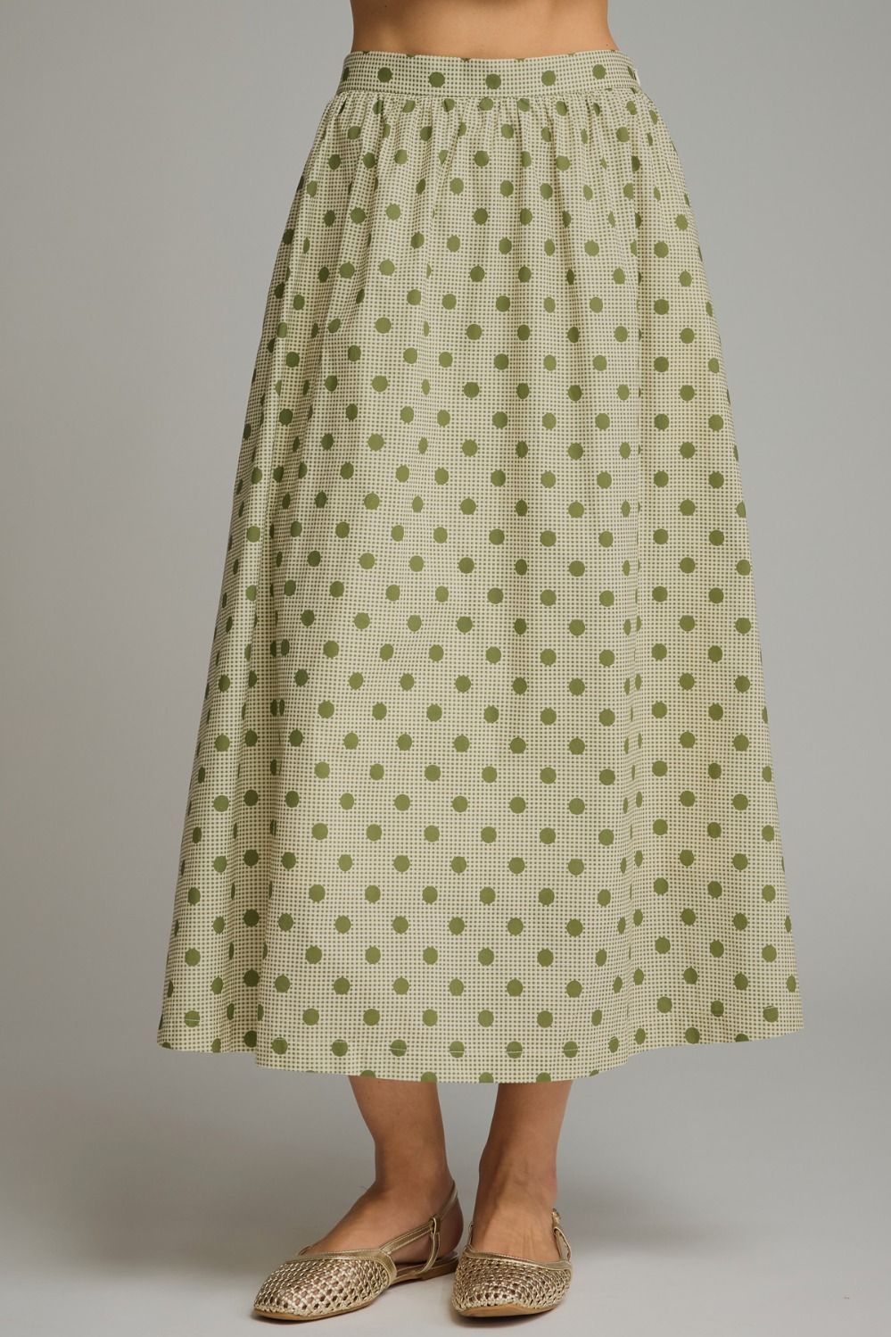 Gingham Polka Dot Midi Skirt - Olive