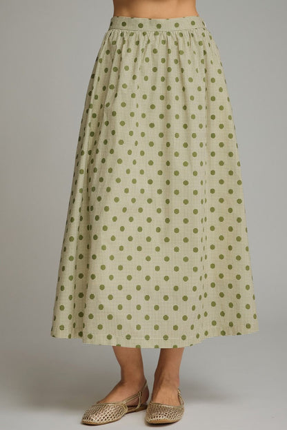 Gingham Polka Dot Midi Skirt - Olive