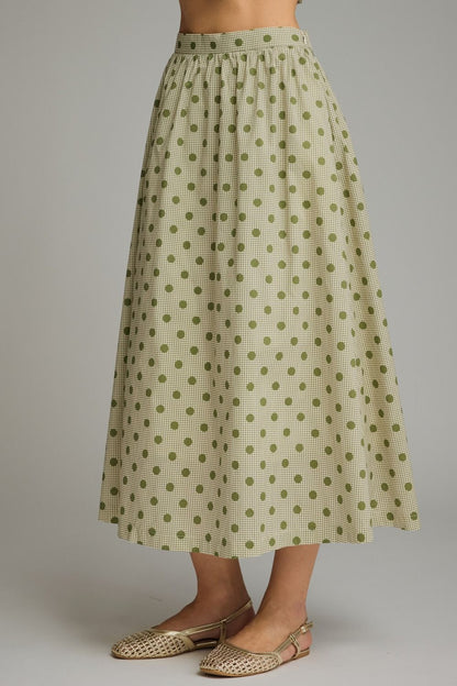 Gingham Polka Dot Midi Skirt - Olive