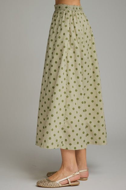 Gingham Polka Dot Midi Skirt - Olive