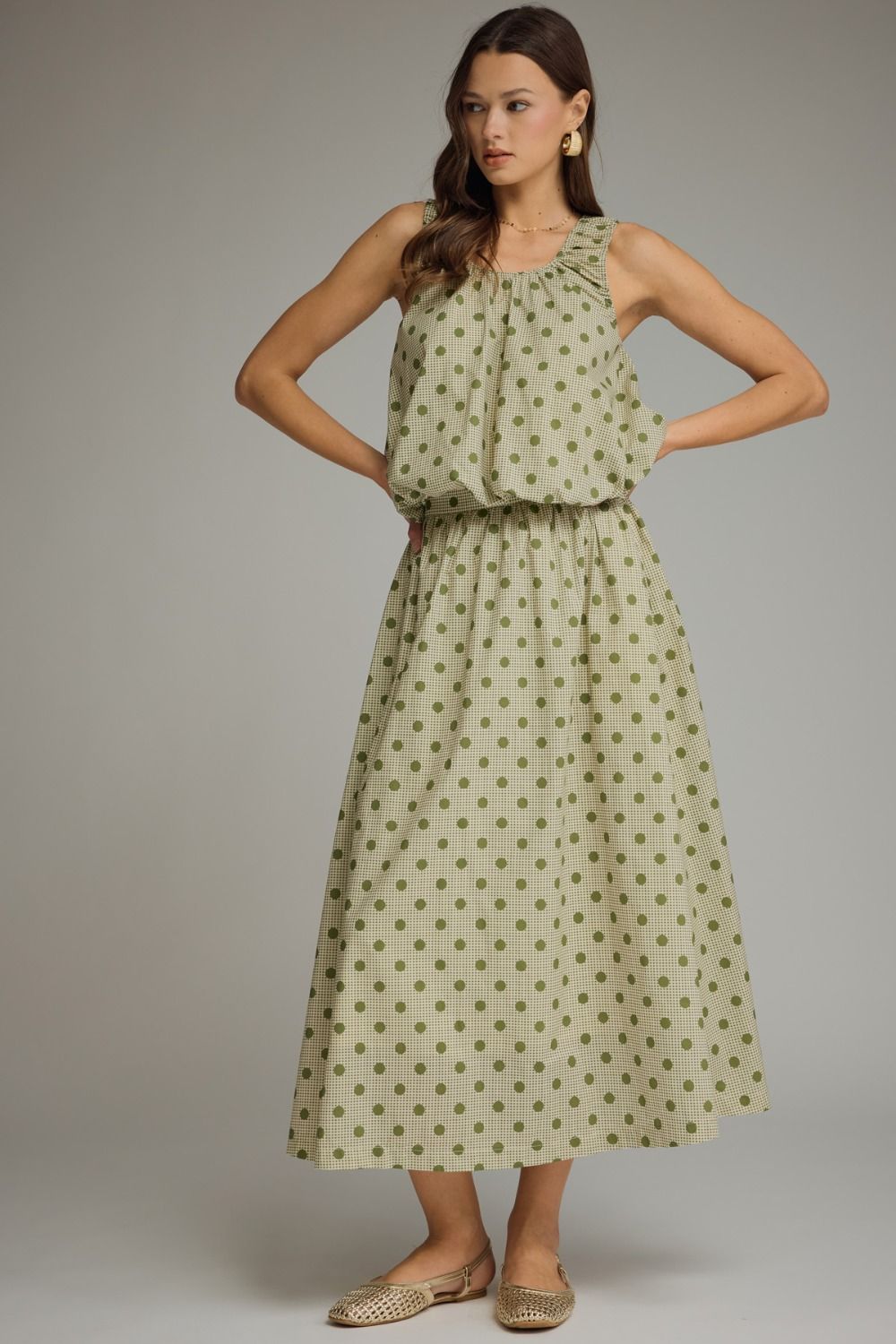 Gingham Polka Dot Midi Skirt - Olive