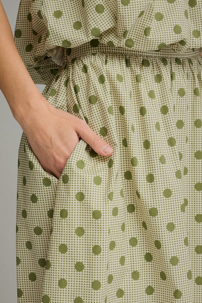 Gingham Polka Dot Midi Skirt - Olive