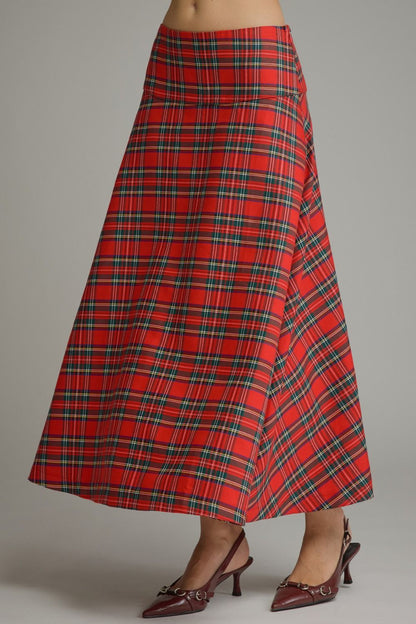 Plaid Midi Skirt - Red