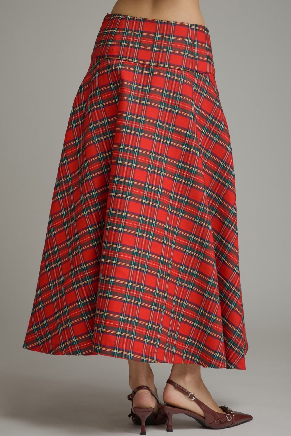 Plaid Midi Skirt - Red