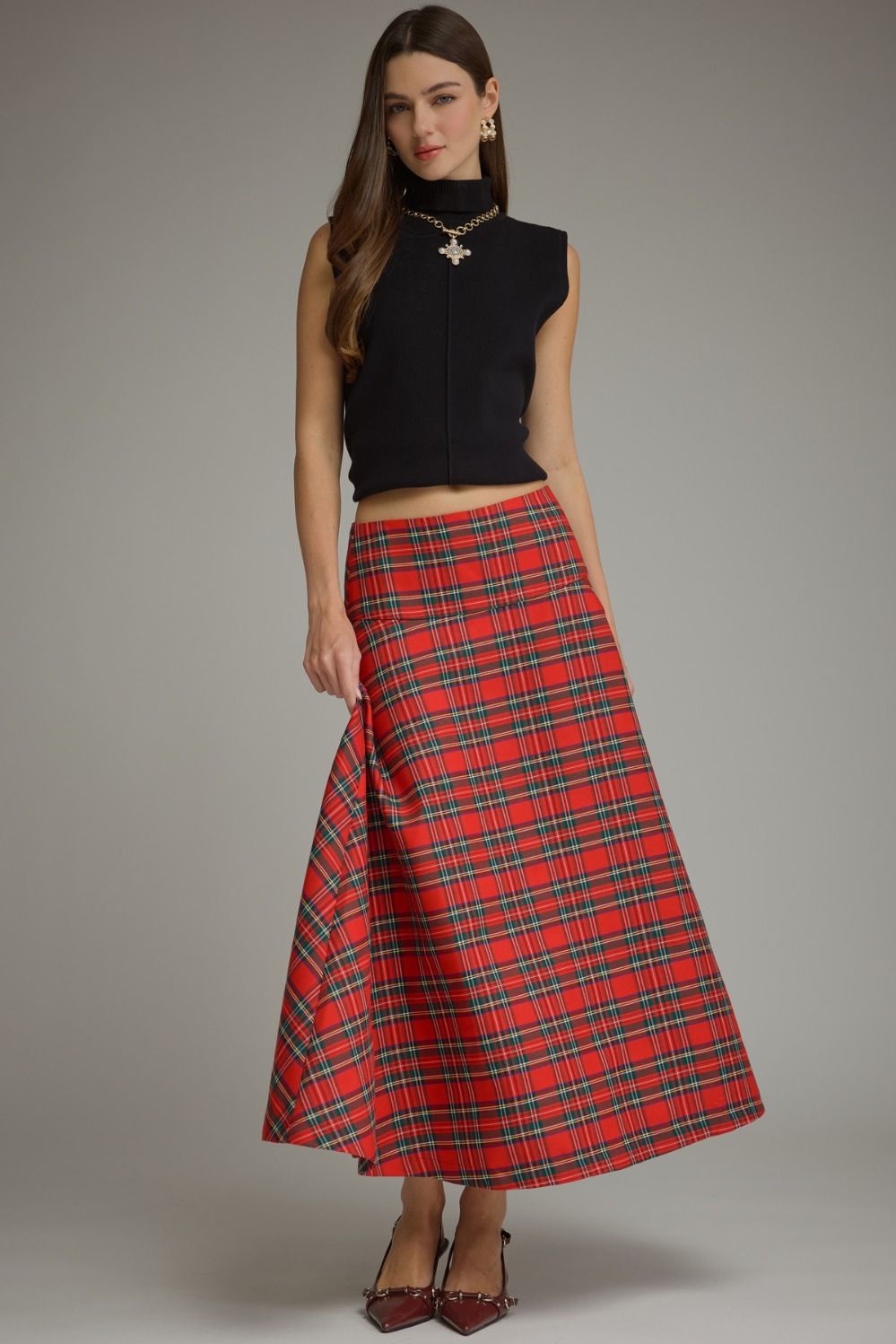Plaid Midi Skirt - Red