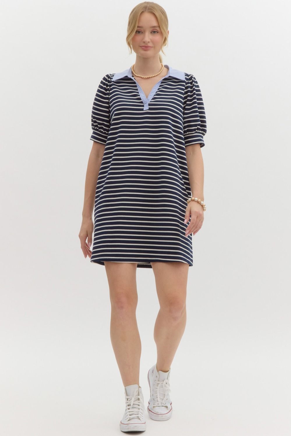 Puff Sleeve Collared Mini Dress - Navy