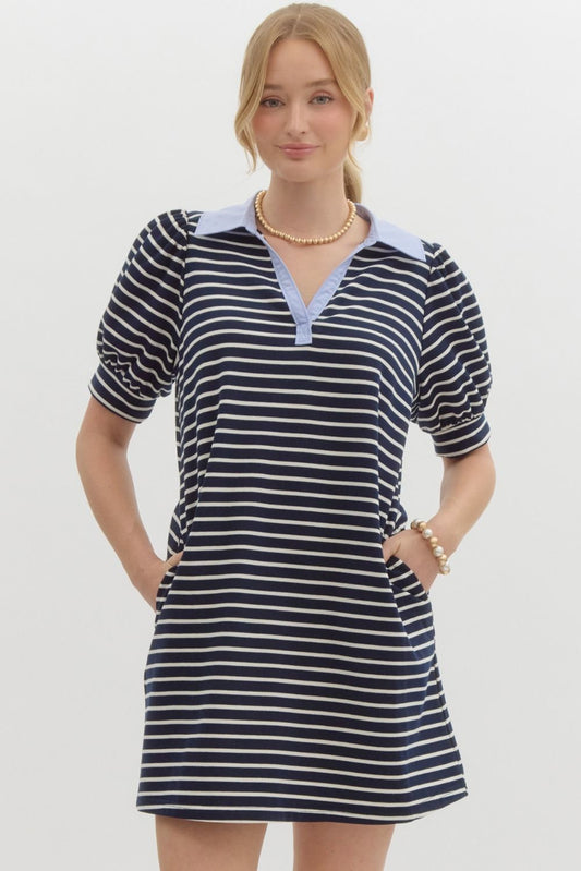 Puff Sleeve Collared Mini Dress - Navy