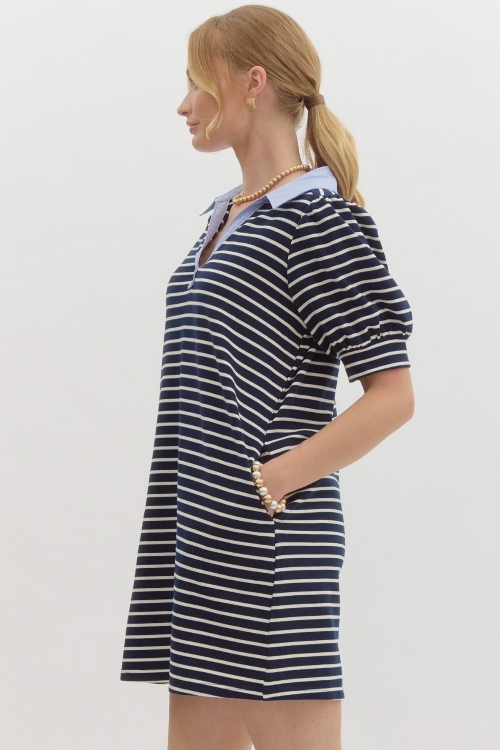 Puff Sleeve Collared Mini Dress - Navy