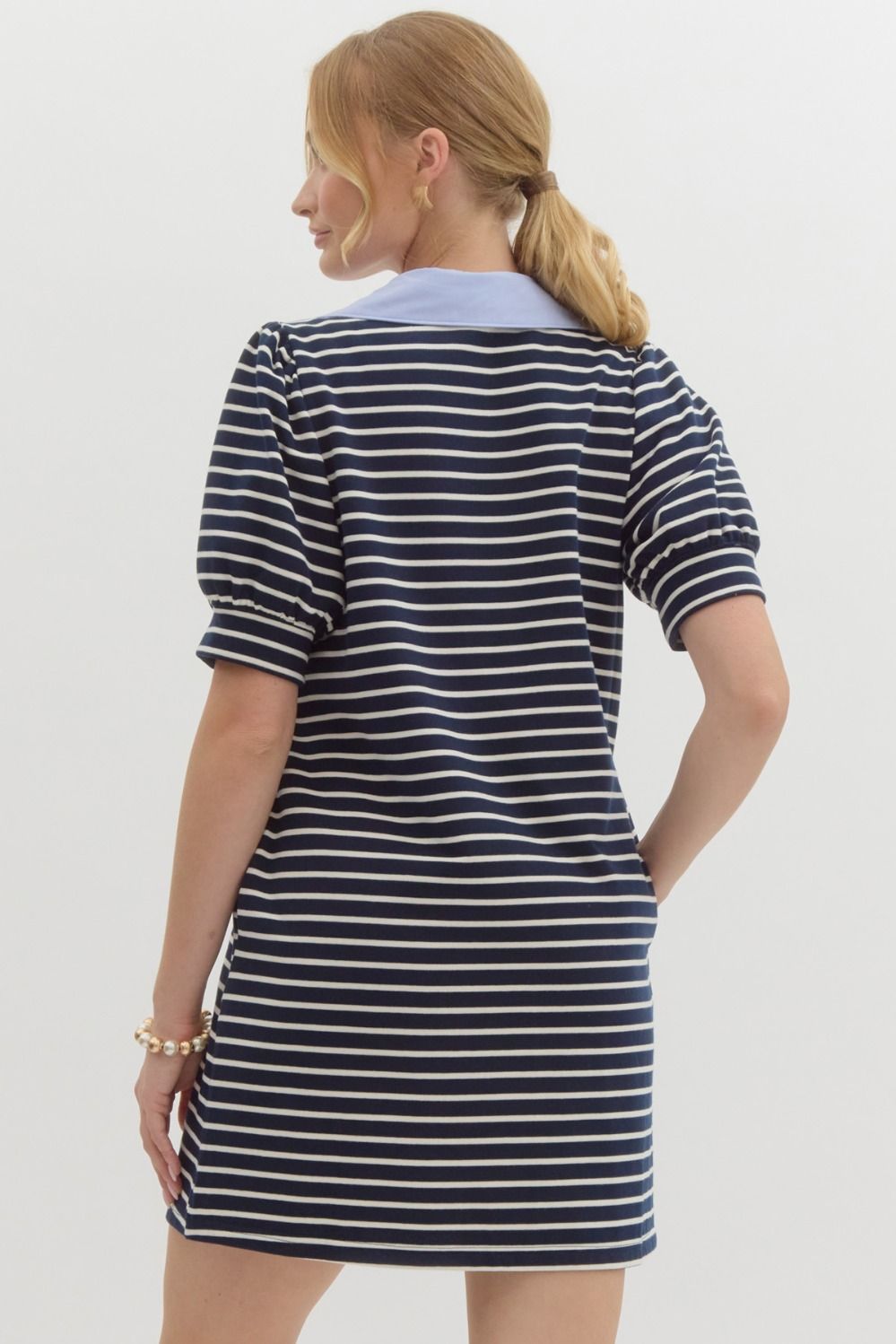 Puff Sleeve Collared Mini Dress - Navy