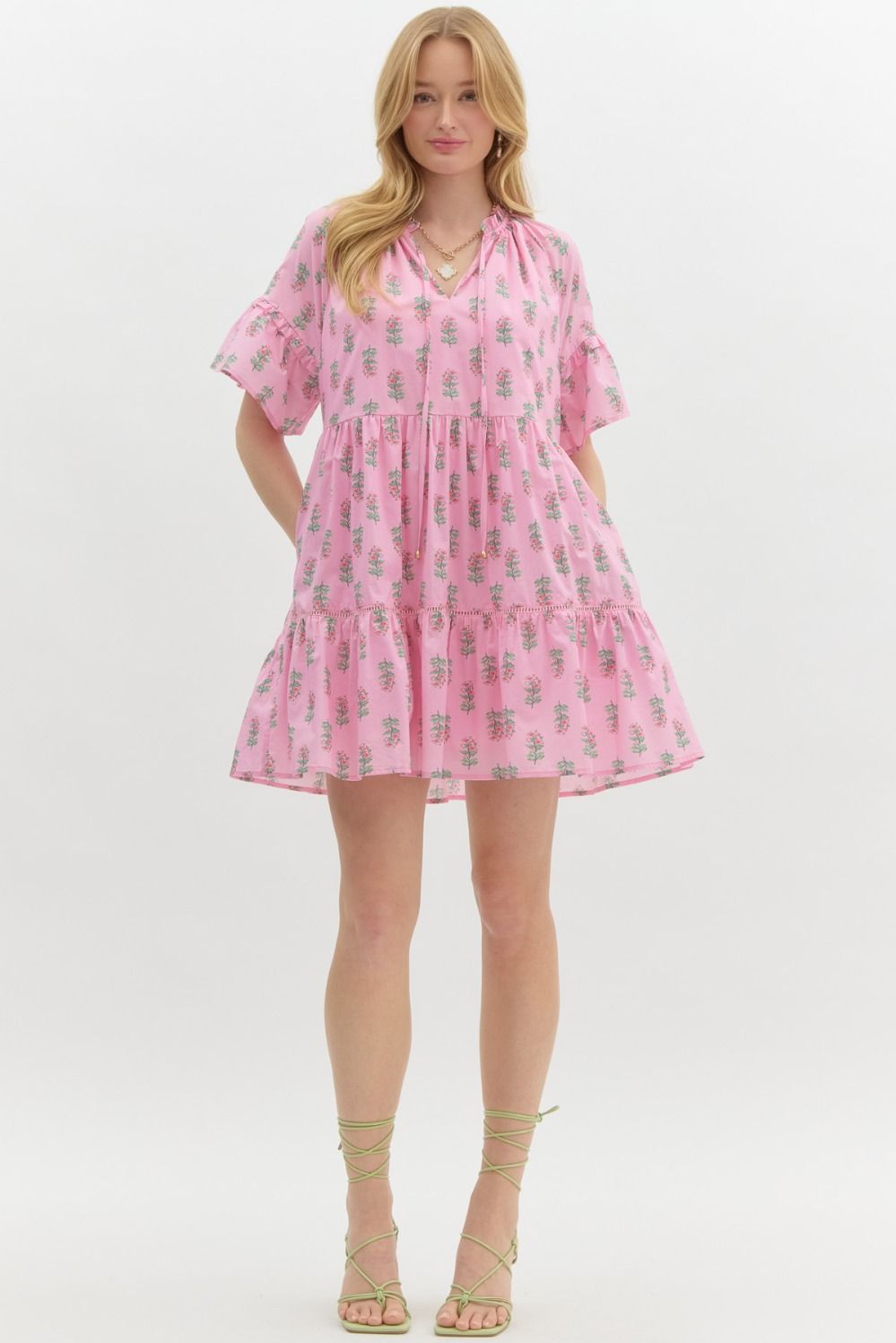 Printed Short Sleeve Mini Dress - Pink