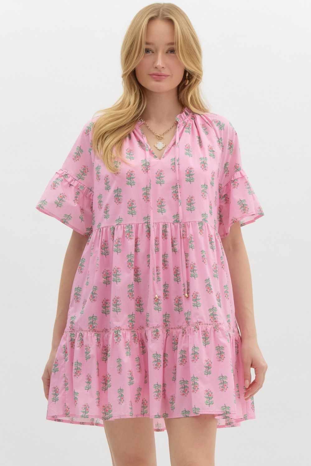 Printed Short Sleeve Mini Dress - Pink