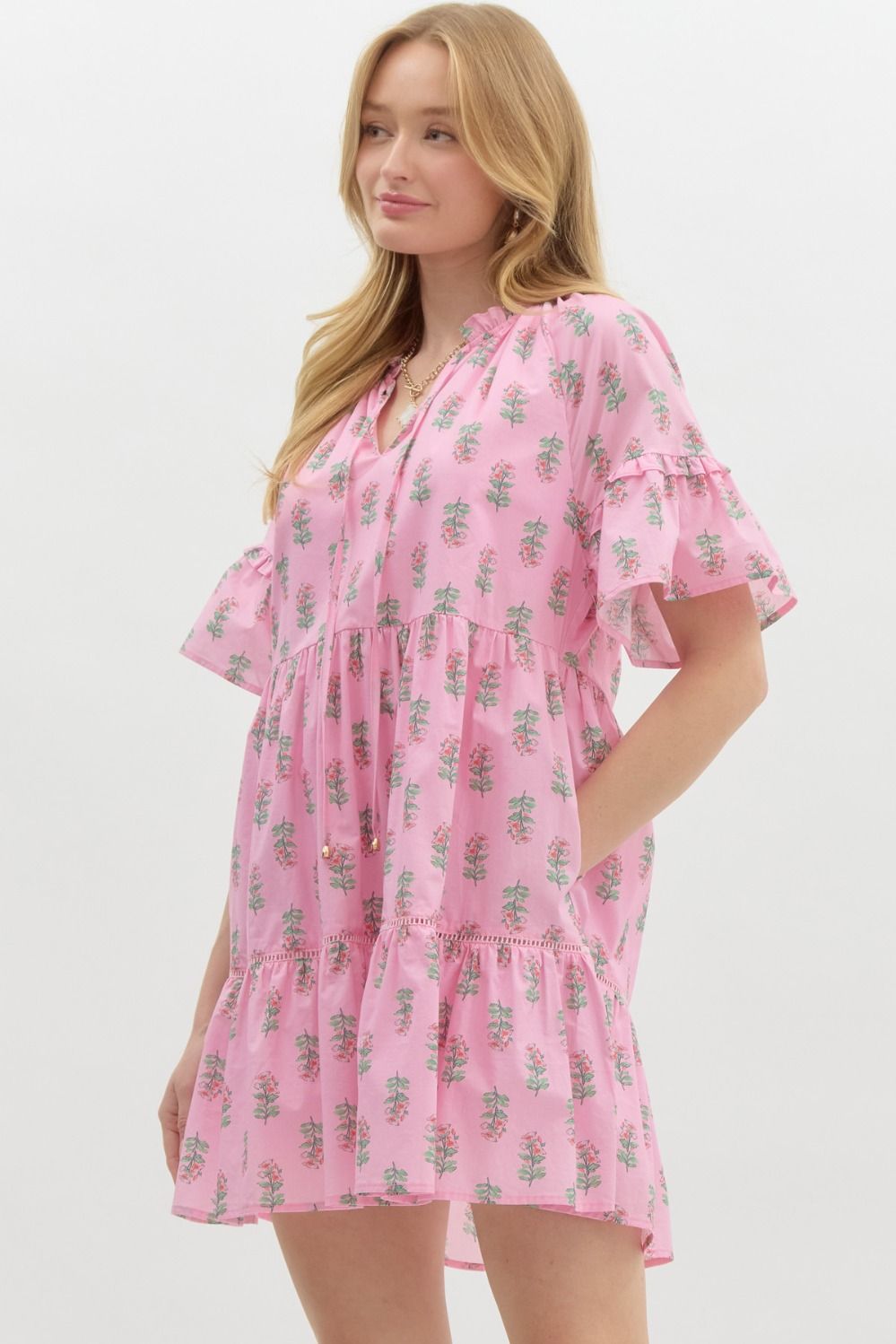 Printed Short Sleeve Mini Dress - Pink