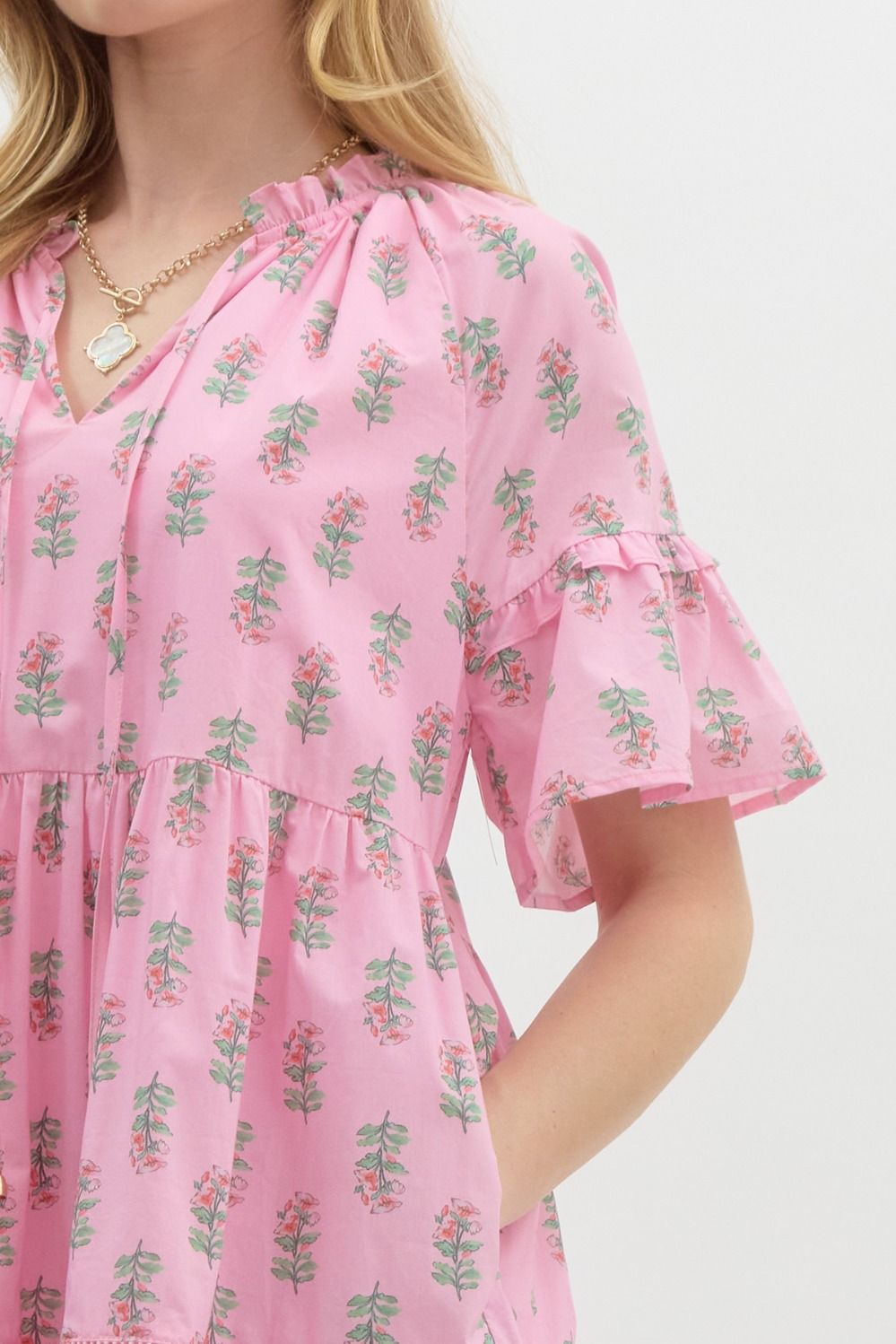 Printed Short Sleeve Mini Dress - Pink