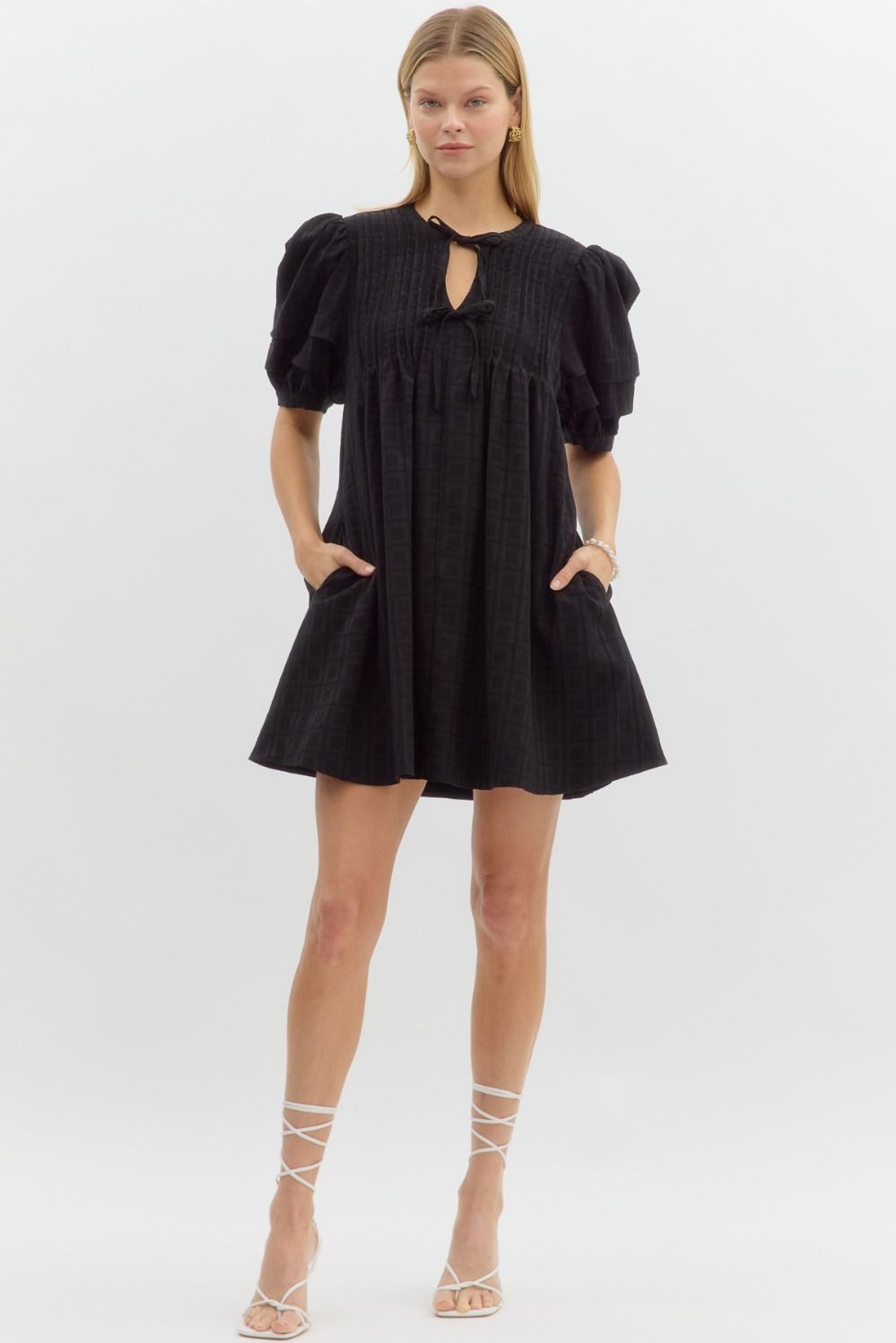 Puff Sleeve Bow-Tie Dress - Black