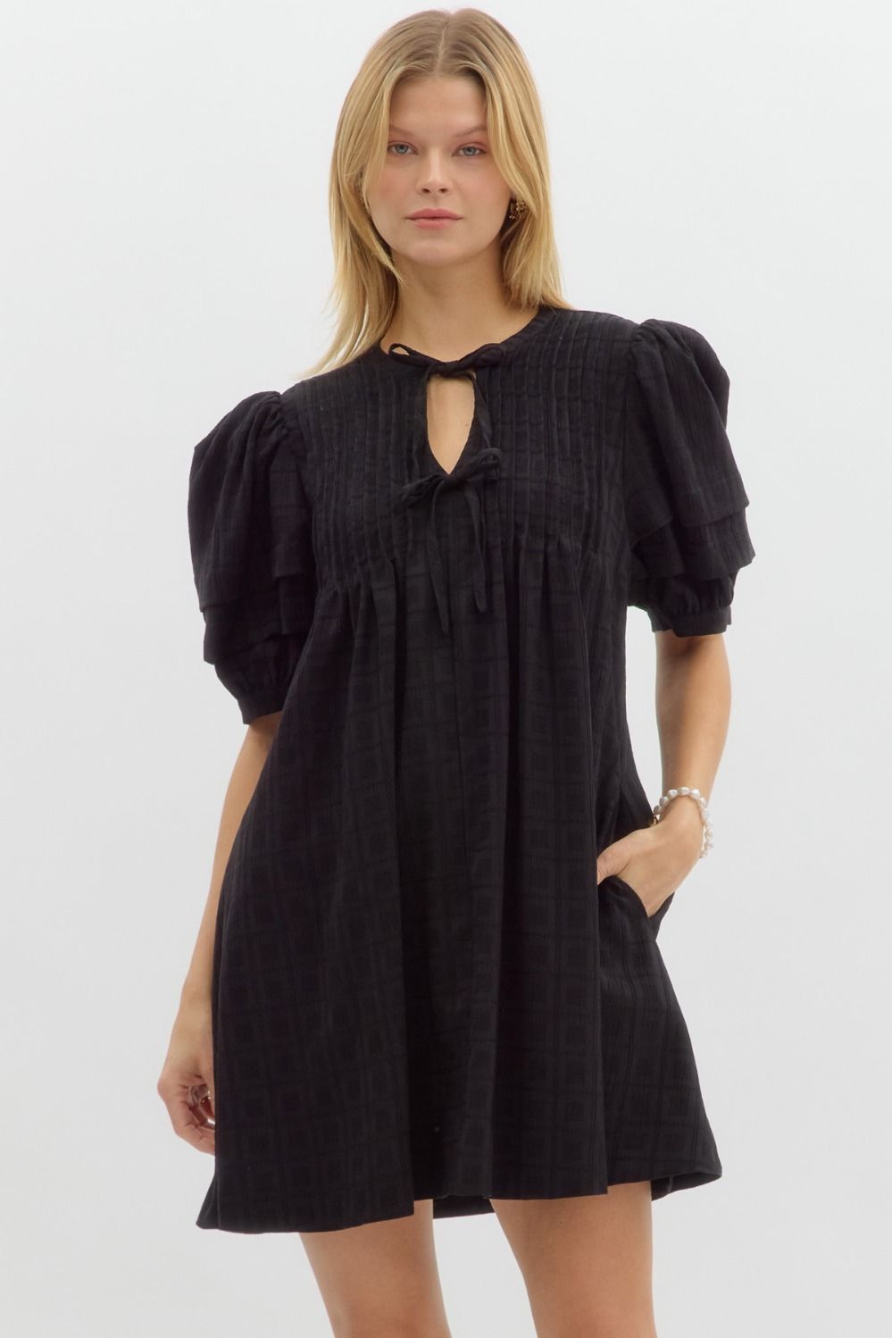 Puff Sleeve Bow-Tie Dress - Black