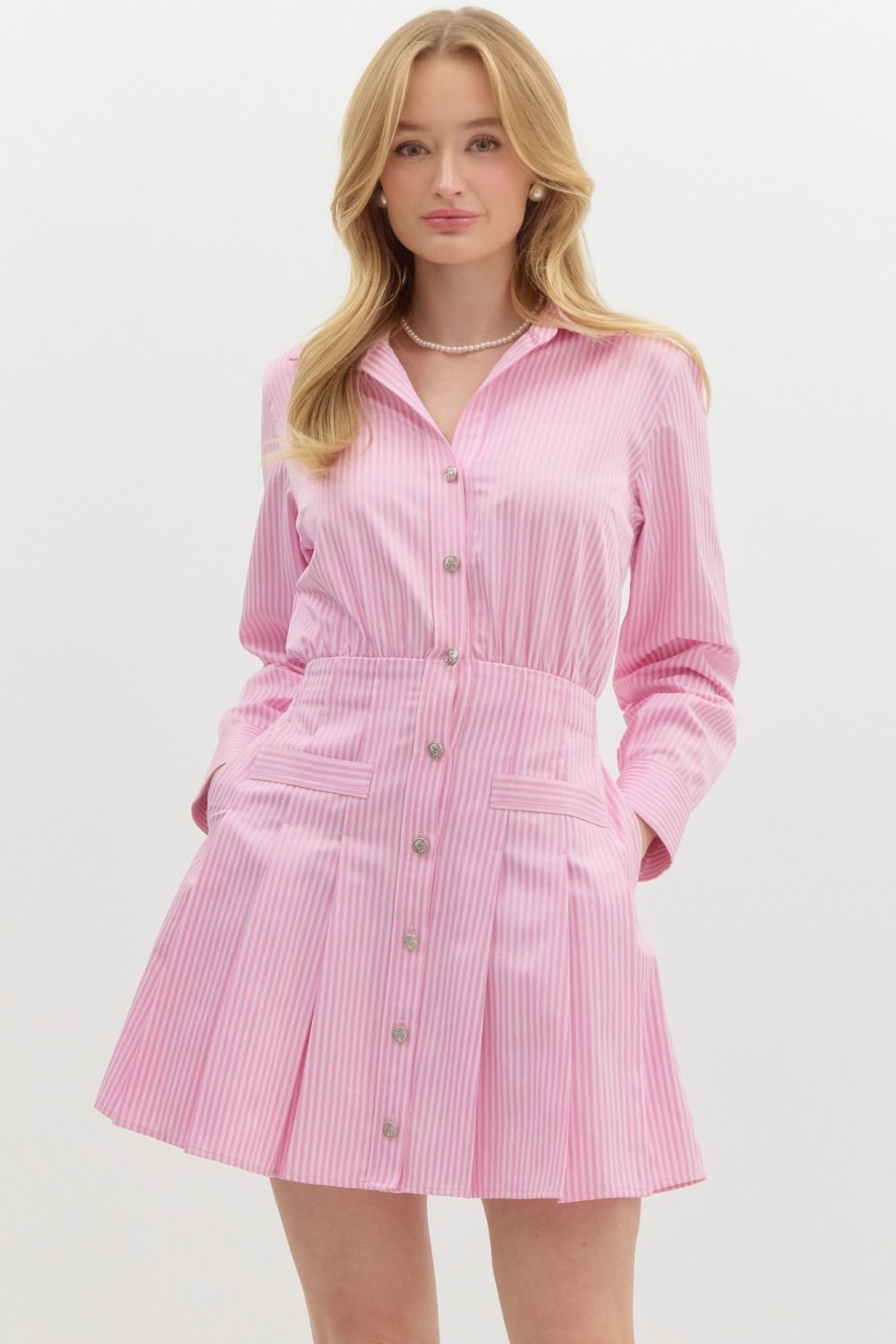 Stripe Pleated Mini Dress - Pink