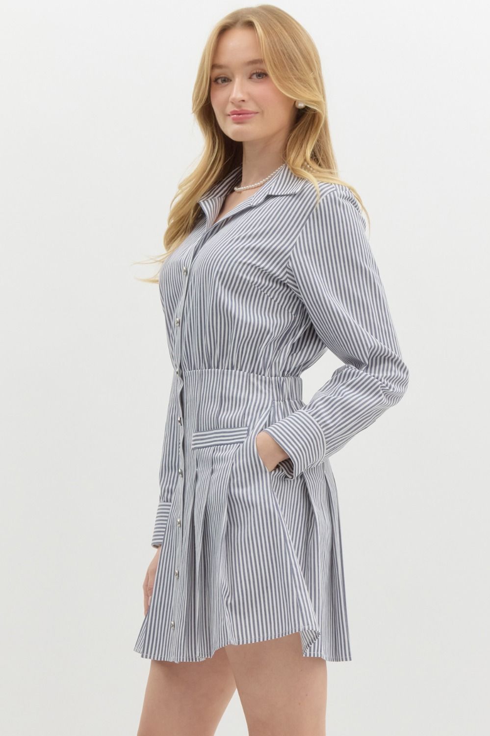 Stripe Pleated Mini Dress - Navy