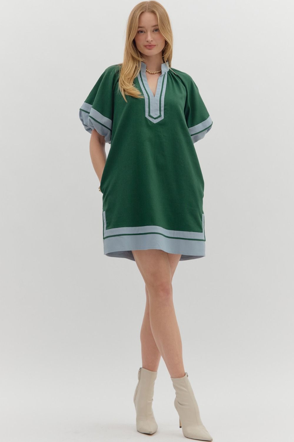 Lantern Sleeve Pullover Dress - Hunter Green