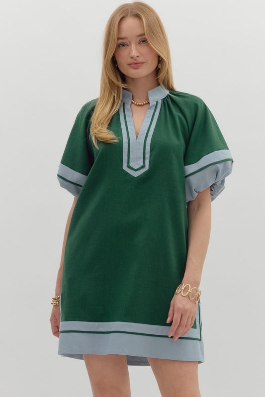 Lantern Sleeve Pullover Dress - Hunter Green