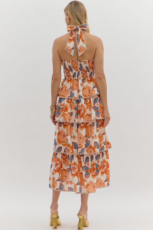 Tiered Floral Print Midi Dress - Amber
