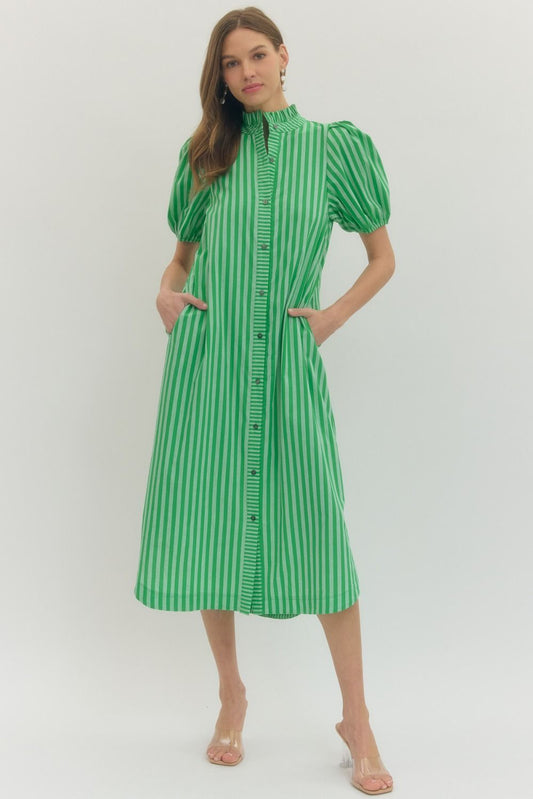 Striped Ruffled Collar Puff Sleeve Midi Dress - Green