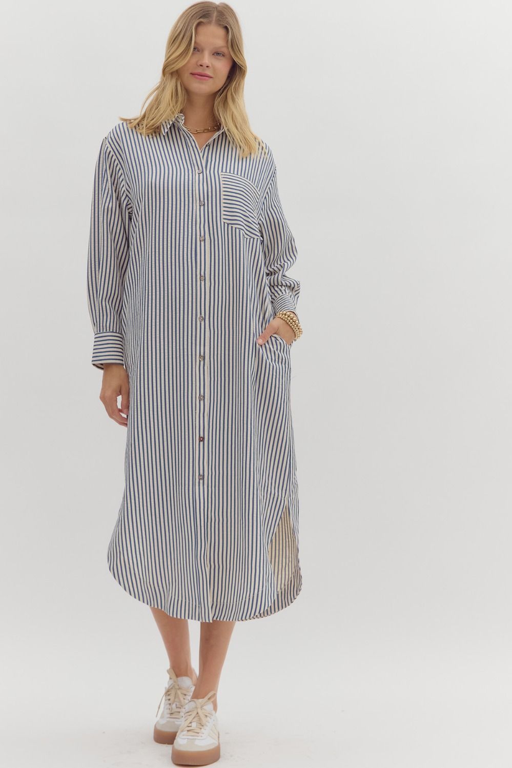 Stripe Long Sleeve Midi Shirt Dress - Indigo