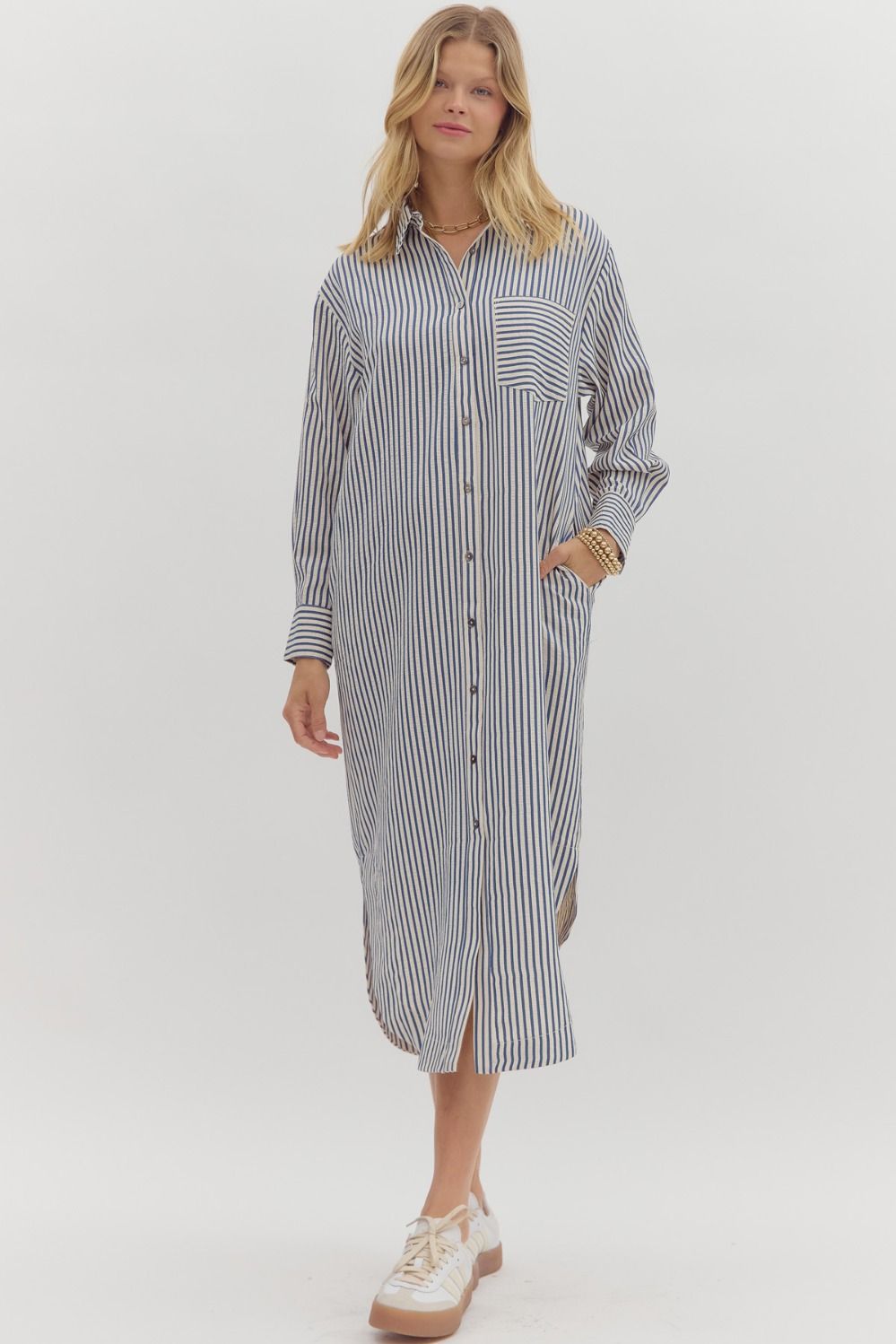 Stripe Long Sleeve Midi Shirt Dress - Indigo