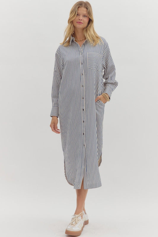 Stripe Long Sleeve Midi Shirt Dress - Indigo