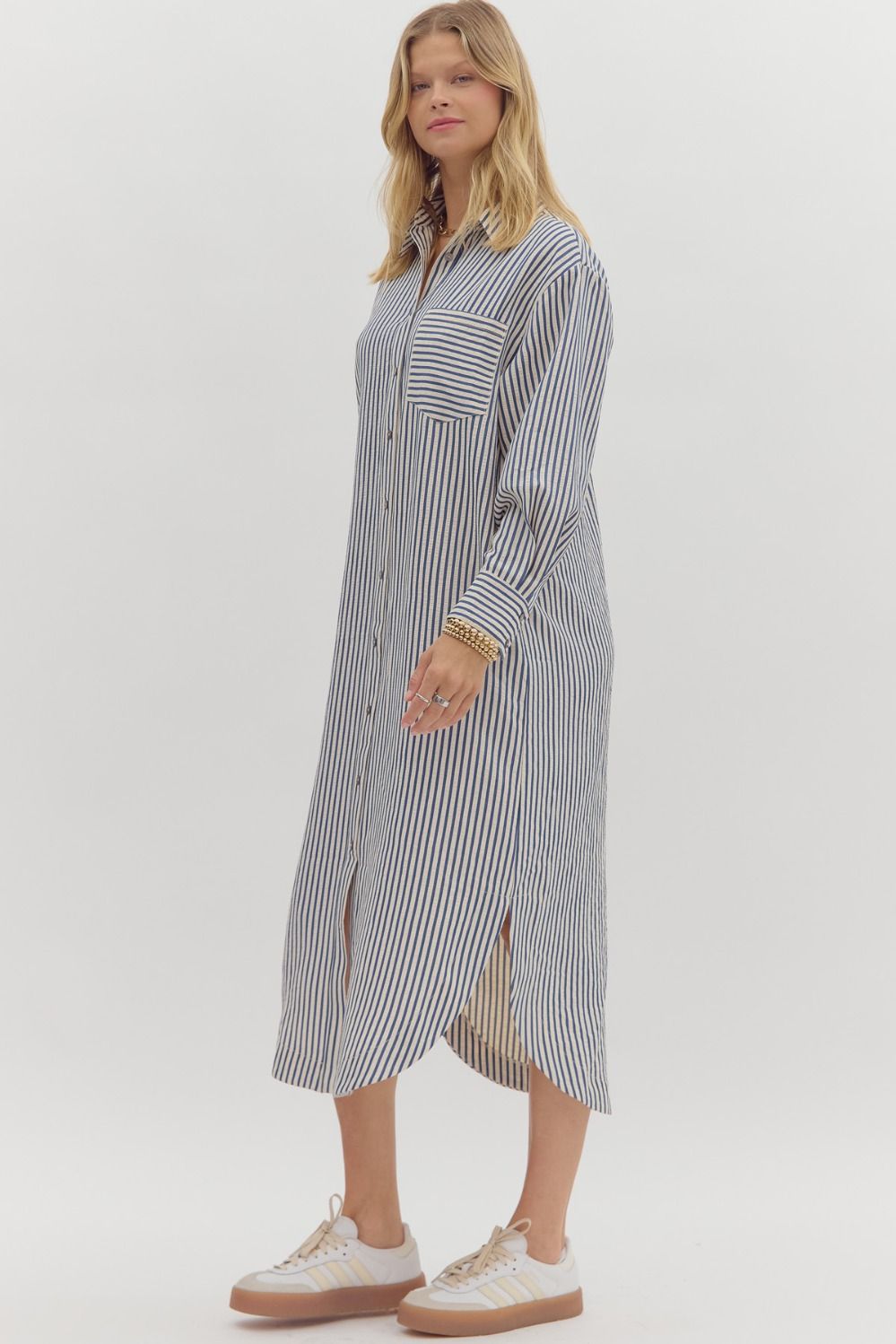 Stripe Long Sleeve Midi Shirt Dress - Indigo