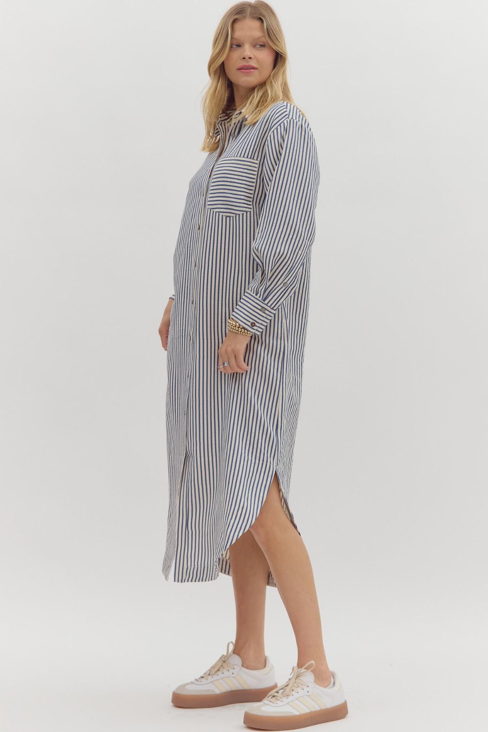 Stripe Long Sleeve Midi Shirt Dress - Indigo