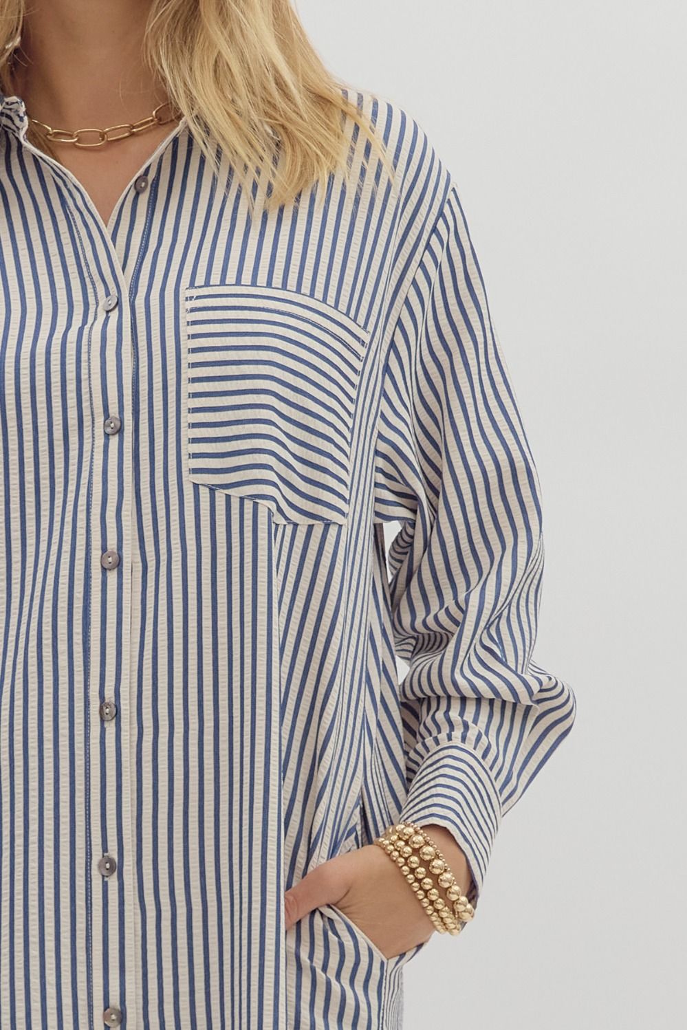 Stripe Long Sleeve Midi Shirt Dress - Indigo