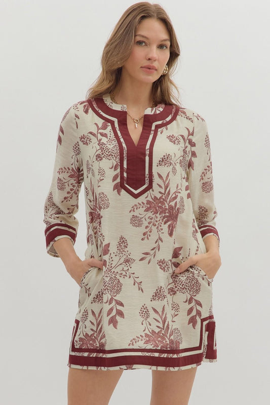 Floral Print Dress - Burgundy