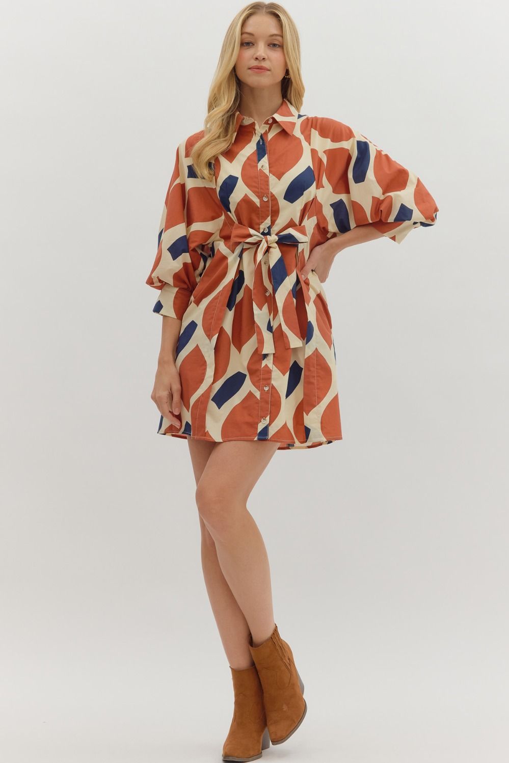 Printed 3/4 Sleeve Mini Dress - Ecru/Rust