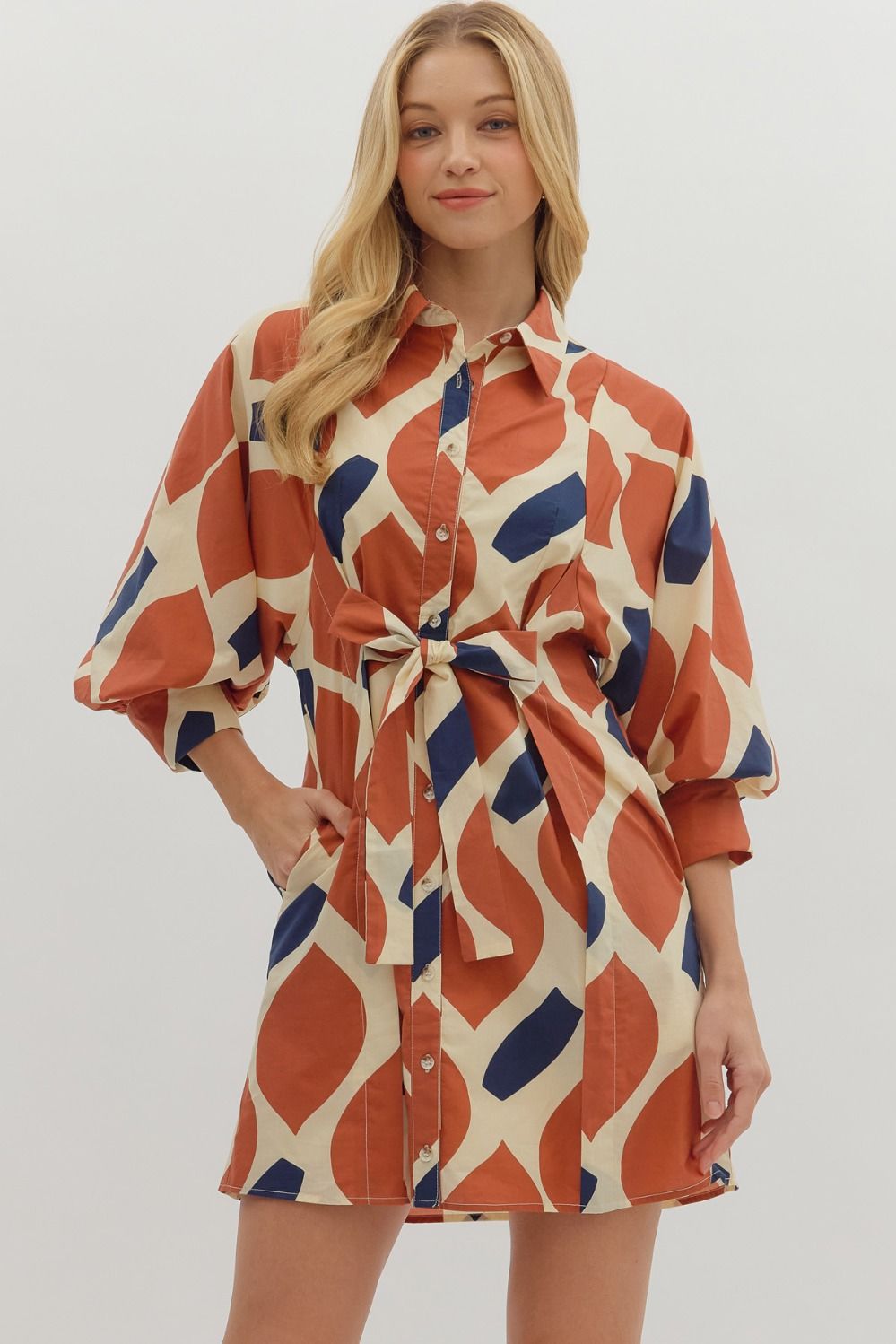 Printed 3/4 Sleeve Mini Dress - Ecru/Rust