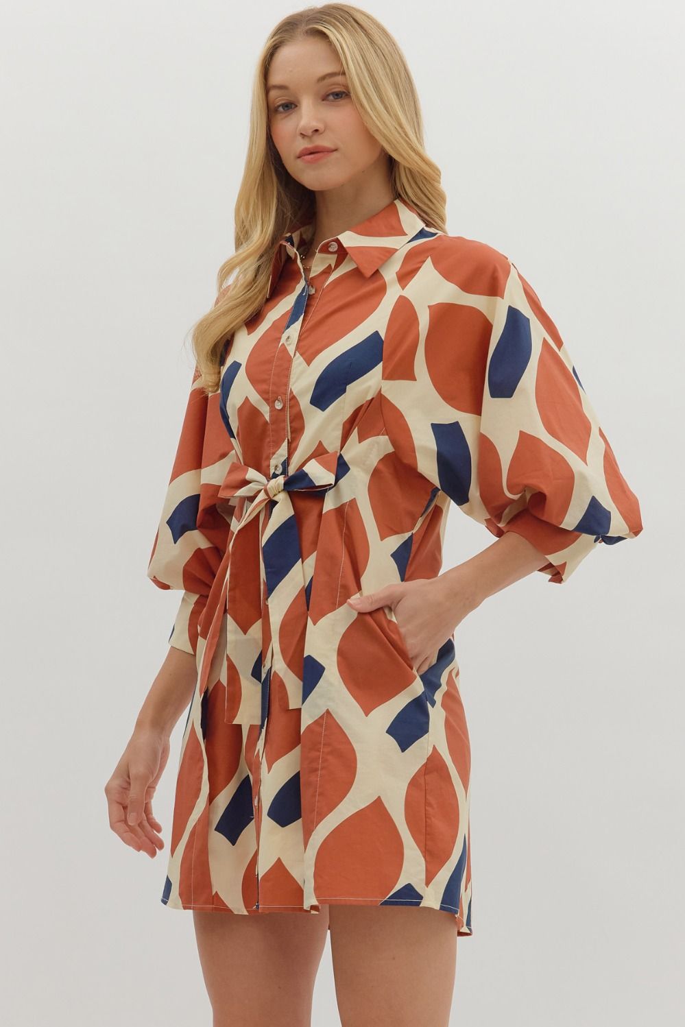 Printed 3/4 Sleeve Mini Dress - Ecru/Rust