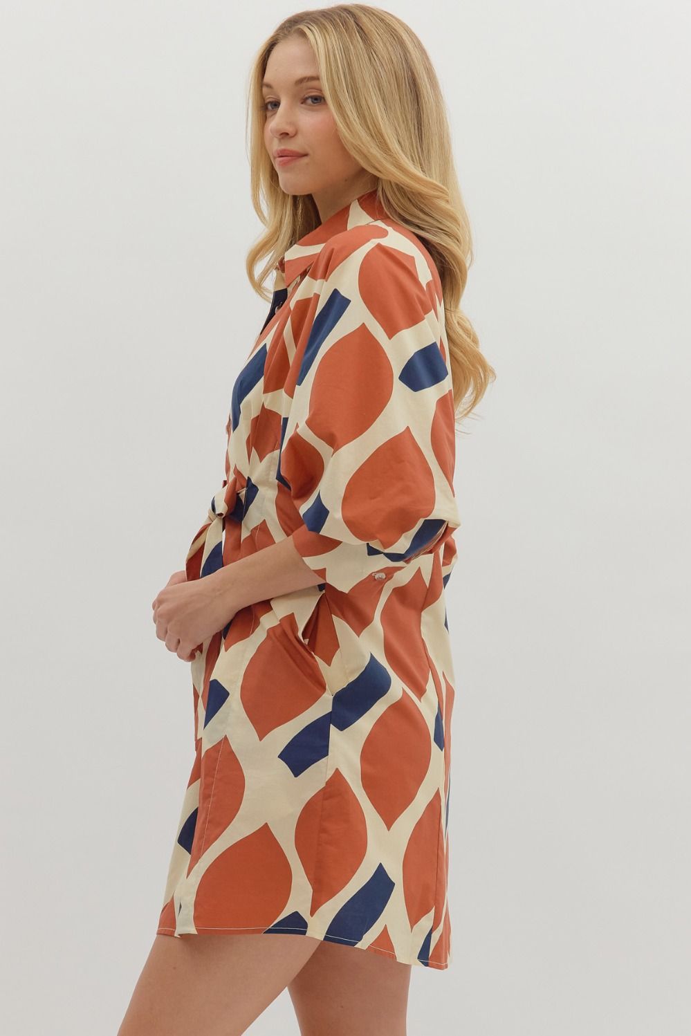 Printed 3/4 Sleeve Mini Dress - Ecru/Rust