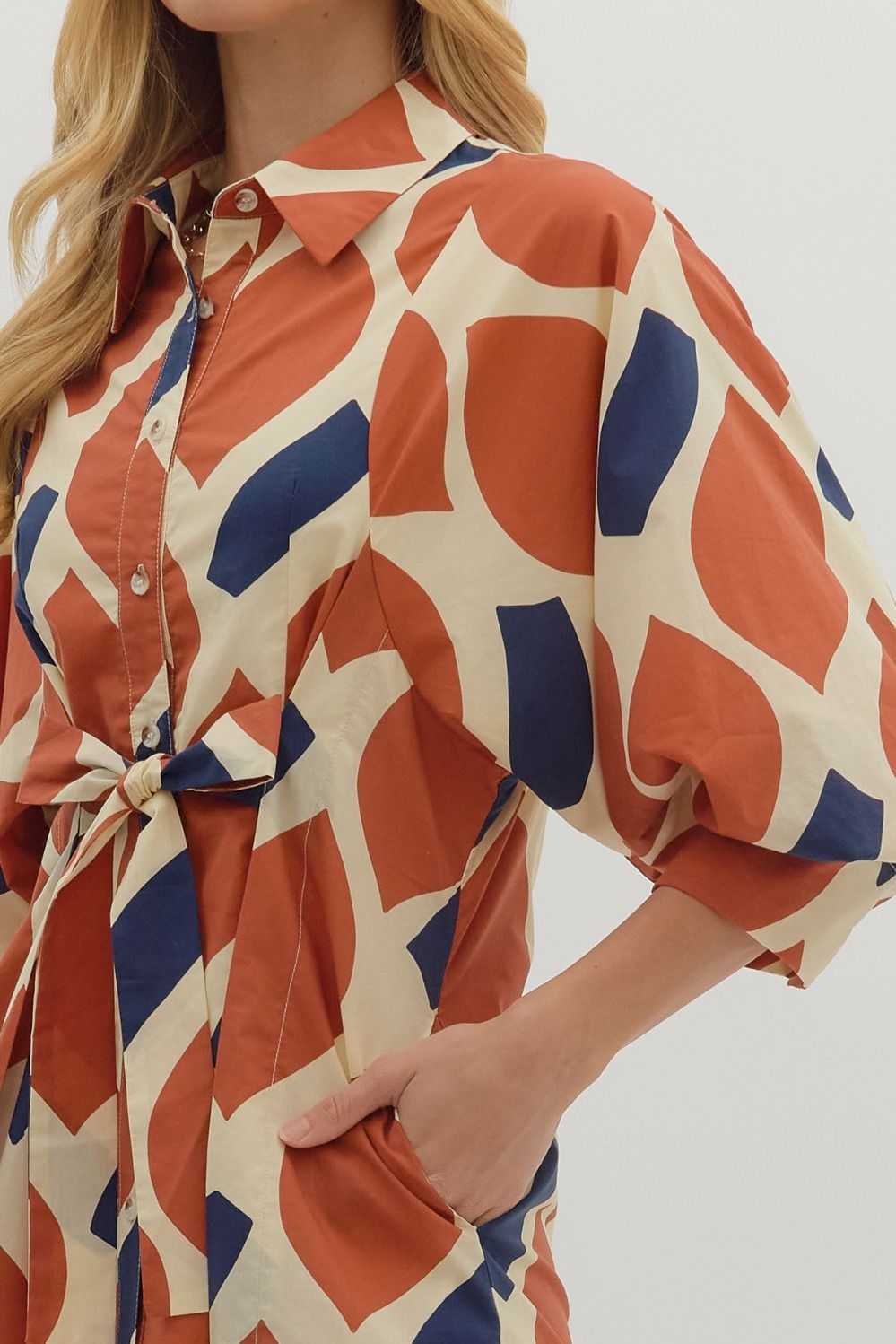 Printed 3/4 Sleeve Mini Dress - Ecru/Rust