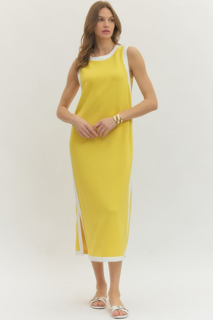 Contrast Binding Sleeveless Midi Dress - Lemon