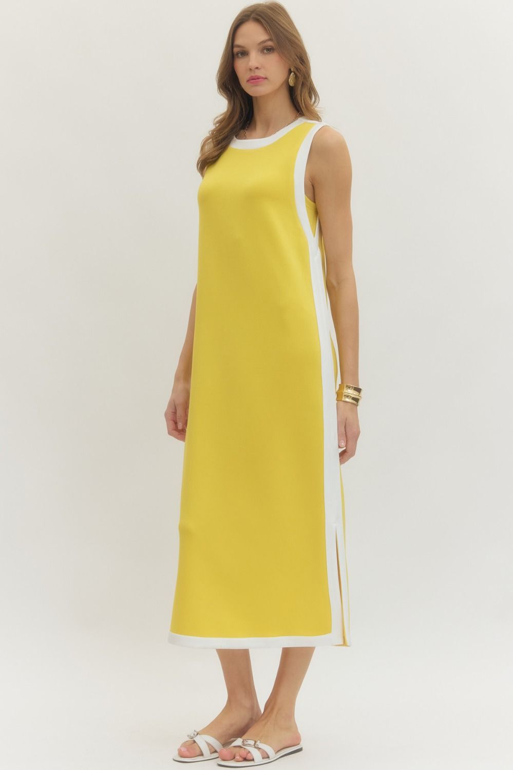 Contrast Binding Sleeveless Midi Dress - Lemon