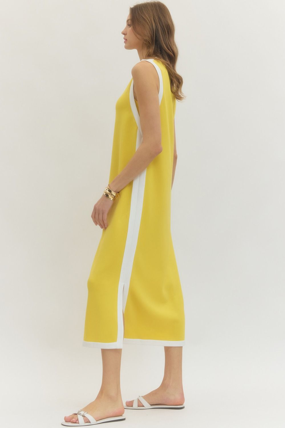 Contrast Binding Sleeveless Midi Dress - Lemon