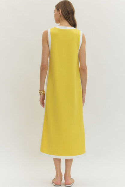 Contrast Binding Sleeveless Midi Dress - Lemon