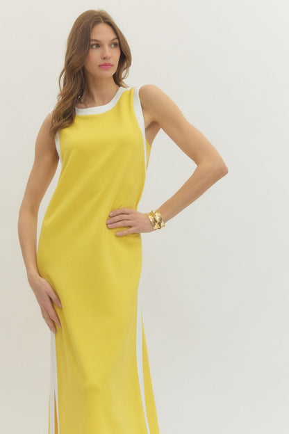 Contrast Binding Sleeveless Midi Dress - Lemon